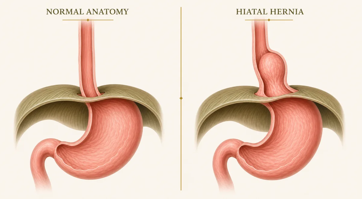 Educational illustration comparing acid reflux and improved reflux control, with a woman experiencing heartburn