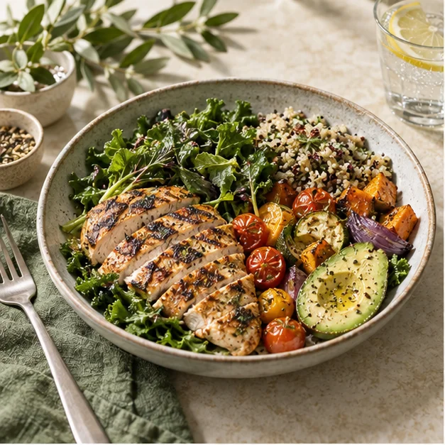 Plato colorido y equilibrado con vegetales y proteína magra