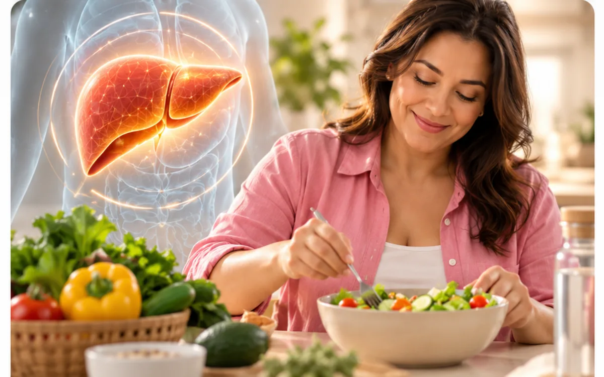 A woman preparing a fresh salad alongside an educational illustration of the liver