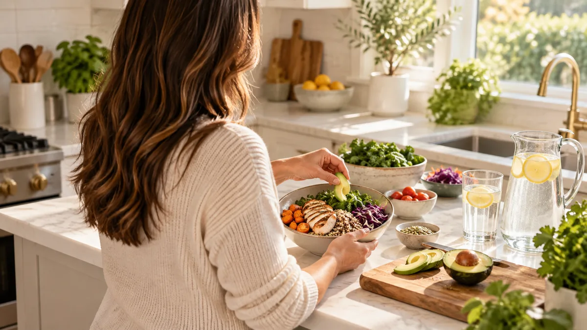 Woman preparing a balanced meal at home
