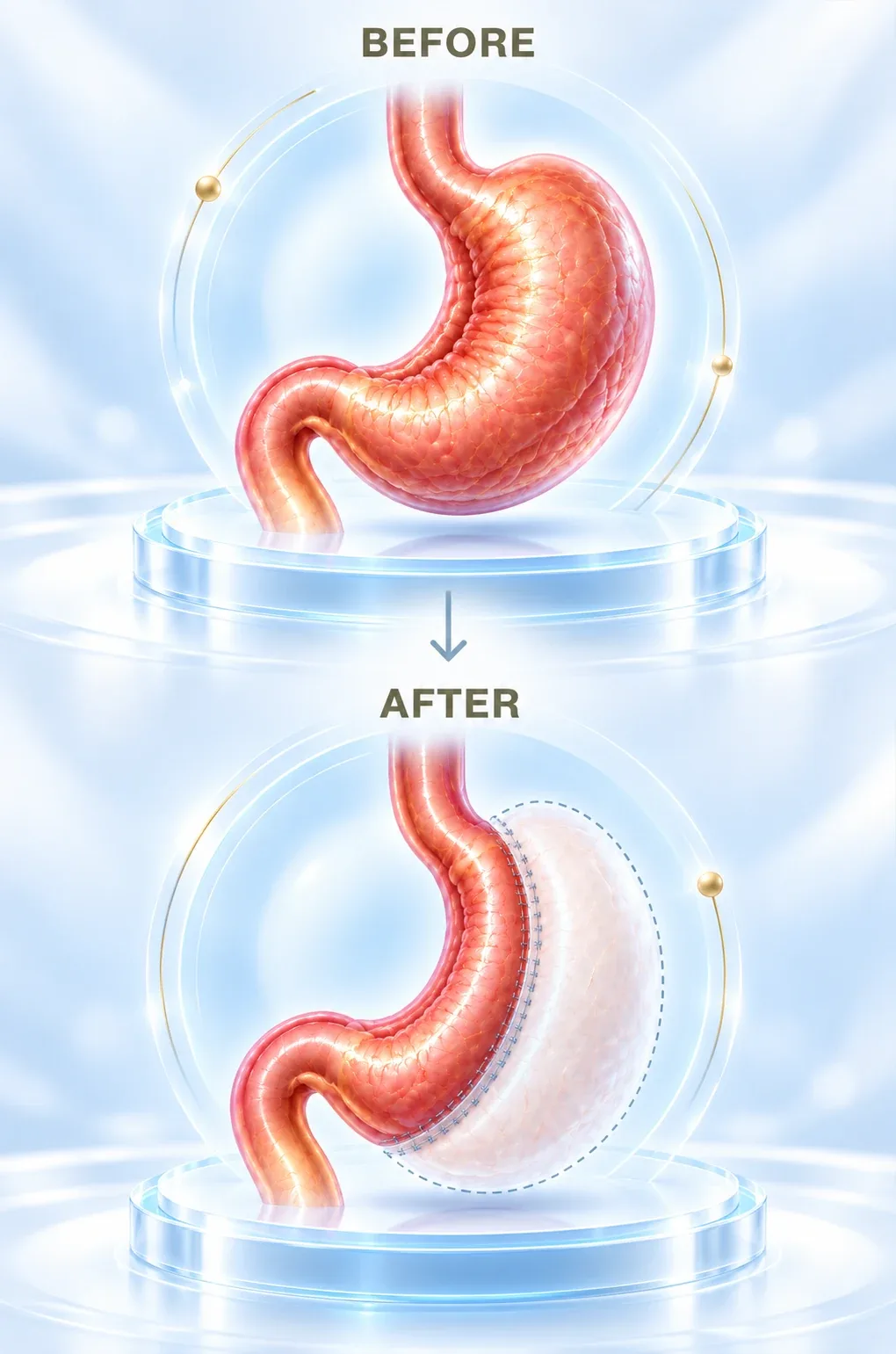 Vertical before and after illustration of a stomach and the smaller sleeve-shaped stomach after surgery