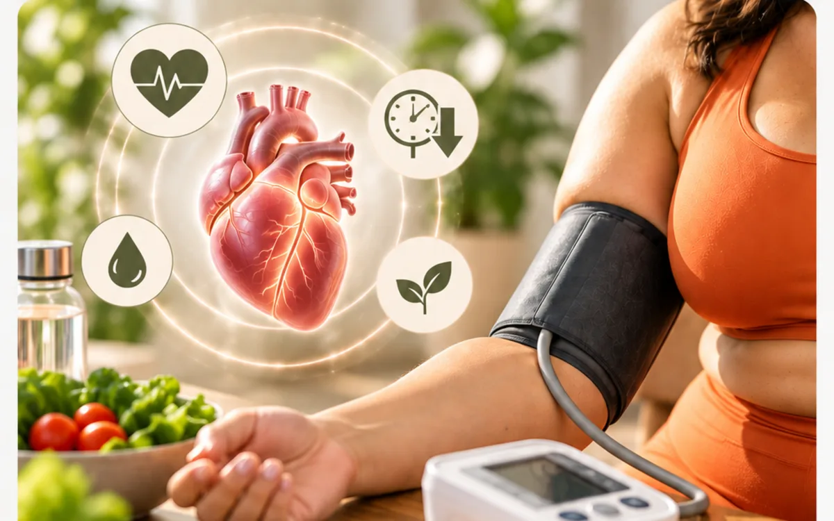 A person using a blood pressure cuff, with an educational heart illustration and fresh food