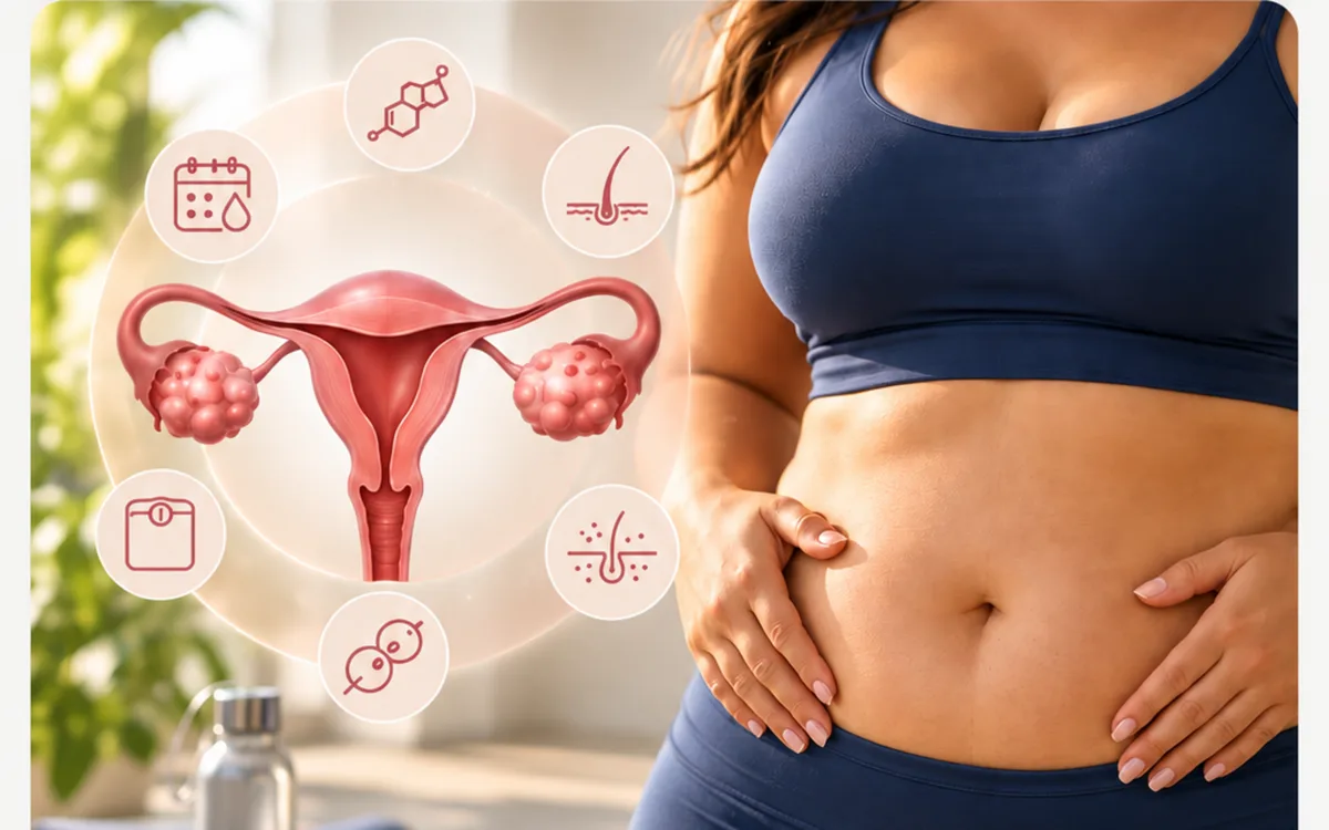 Educational visualization of PCOS symptoms beside a woman shown without her face