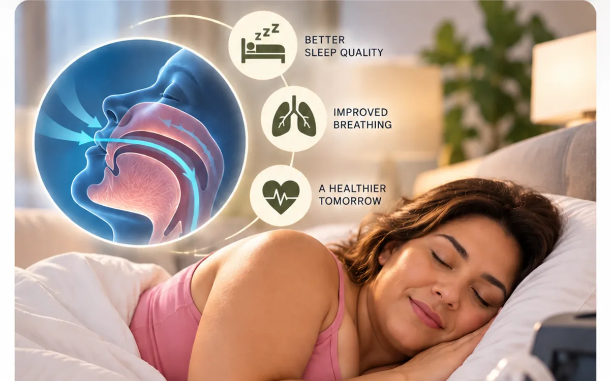 A woman sleeping beside an educational illustration of the airway during sleep