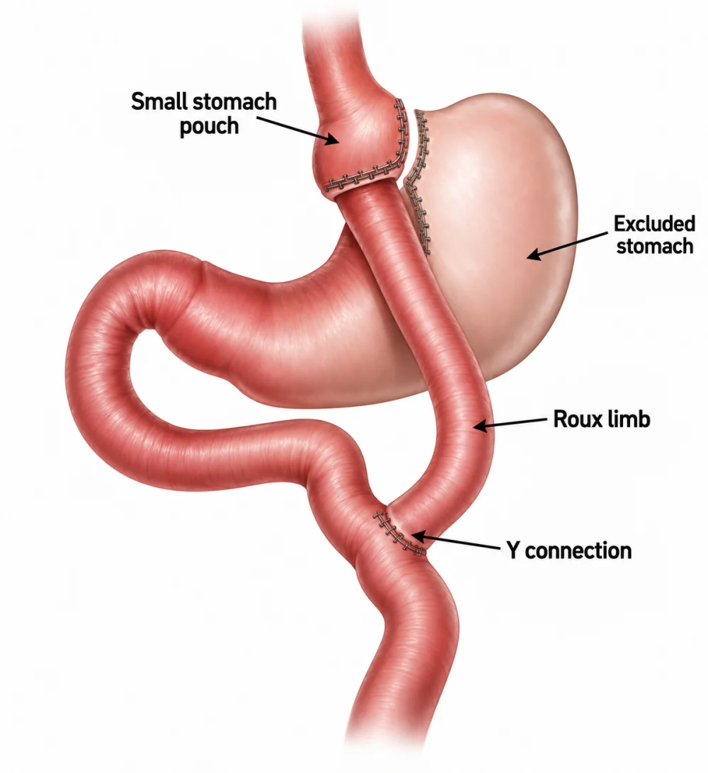 Roux-en-Y gastric bypass illustration showing the small stomach pouch, excluded stomach, Roux limb, and Y connection