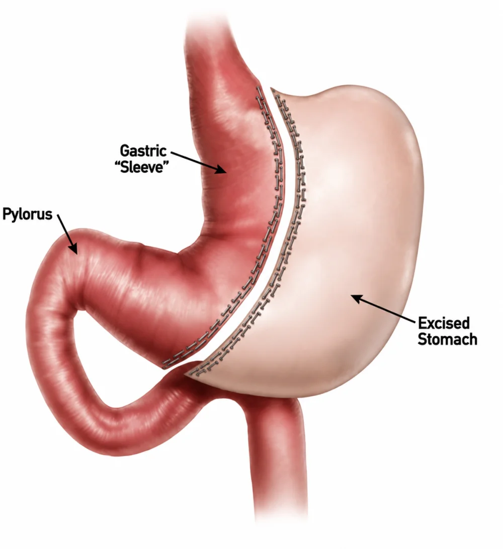 Gastric sleeve illustration showing the staple line, pylorus, and excised stomach