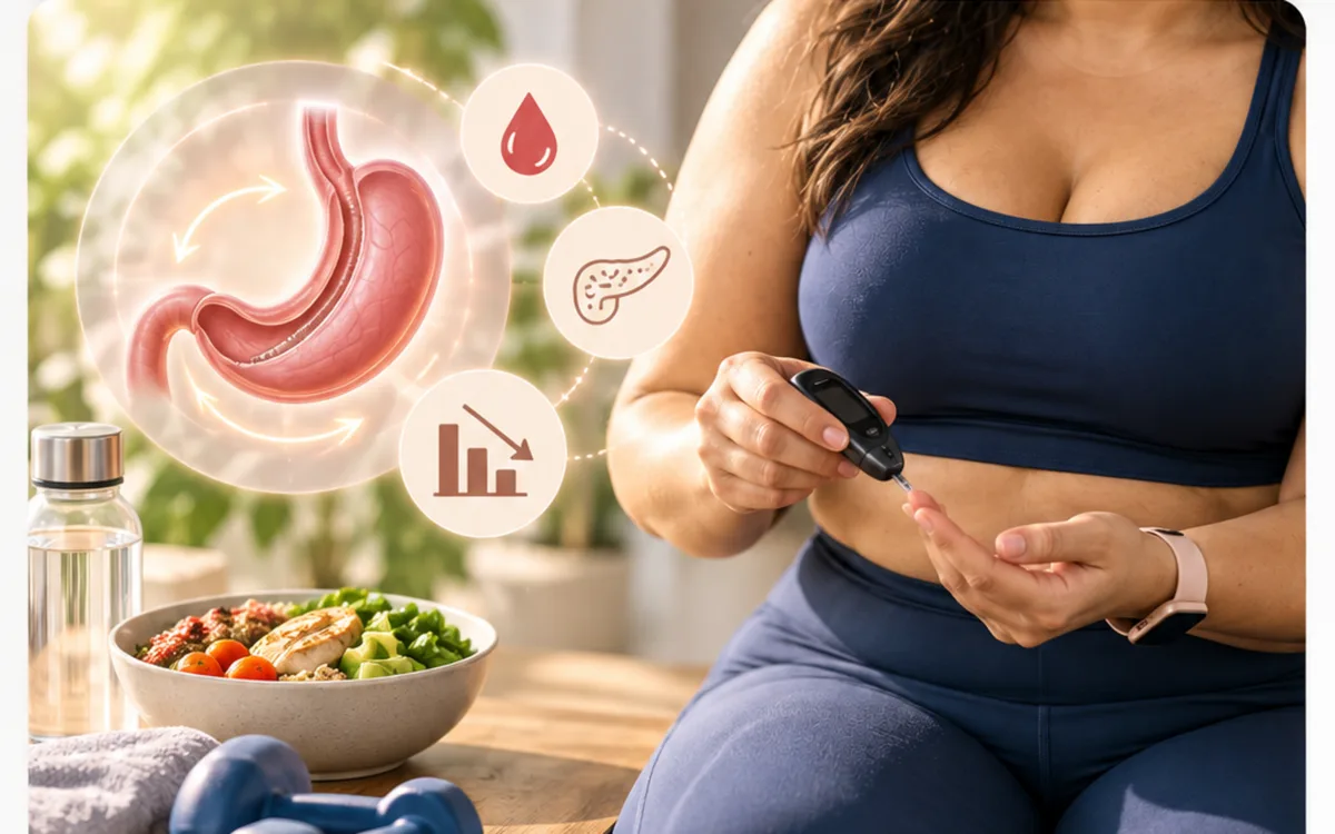 Woman checking her blood sugar next to a balanced meal and an educational illustration of the stomach