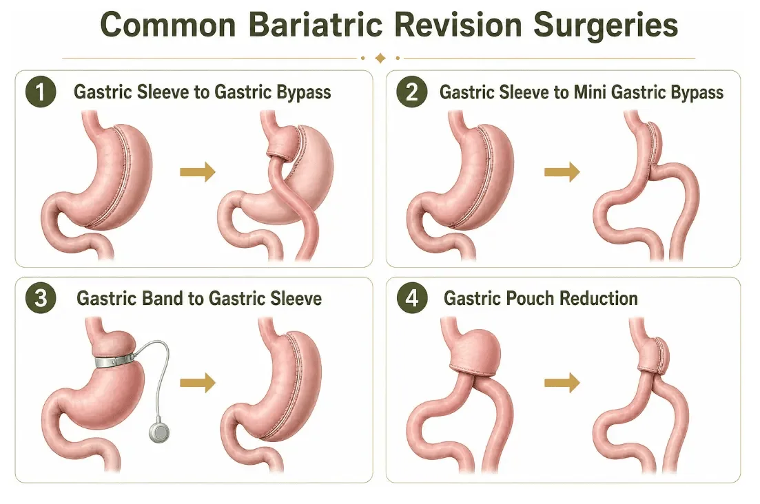 Educational illustration showing adults at different stages of weight management with gastric sleeve anatomy diagrams