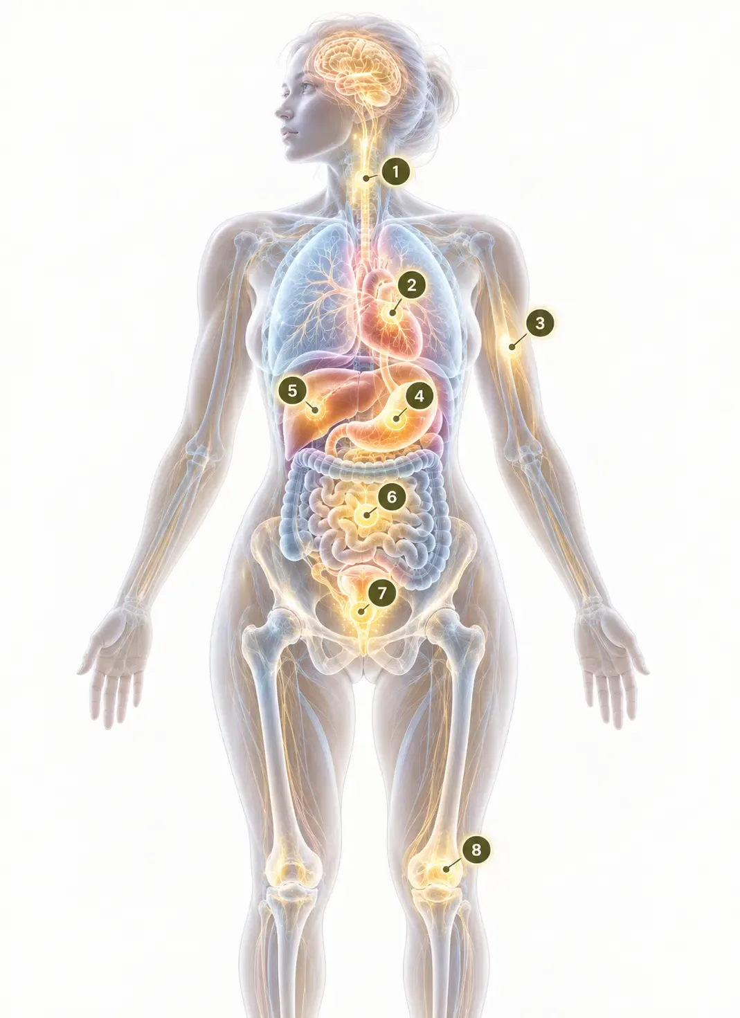 Transparent anatomy illustration showing numbered areas of the body affected by weight-related health conditions