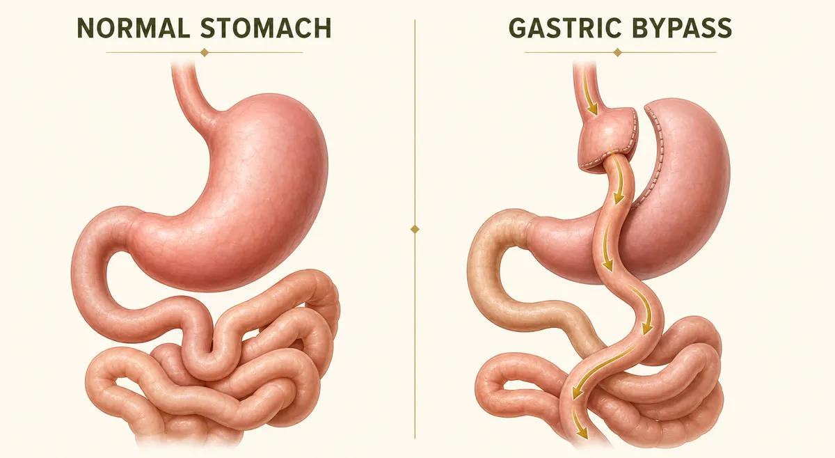 Anatomical diagram of Roux-en-Y gastric bypass showing stomach pouch and intestinal rerouting